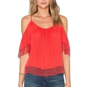 PARKER 100% Silk Lace Hem Vibrant Red Cold Shoulder Blouse